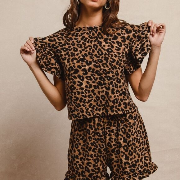 BiBi USA Leopard Print Waffle Texture Layered Ruffle Sleeve Top and Shorts Set - Picture 11 of 17
